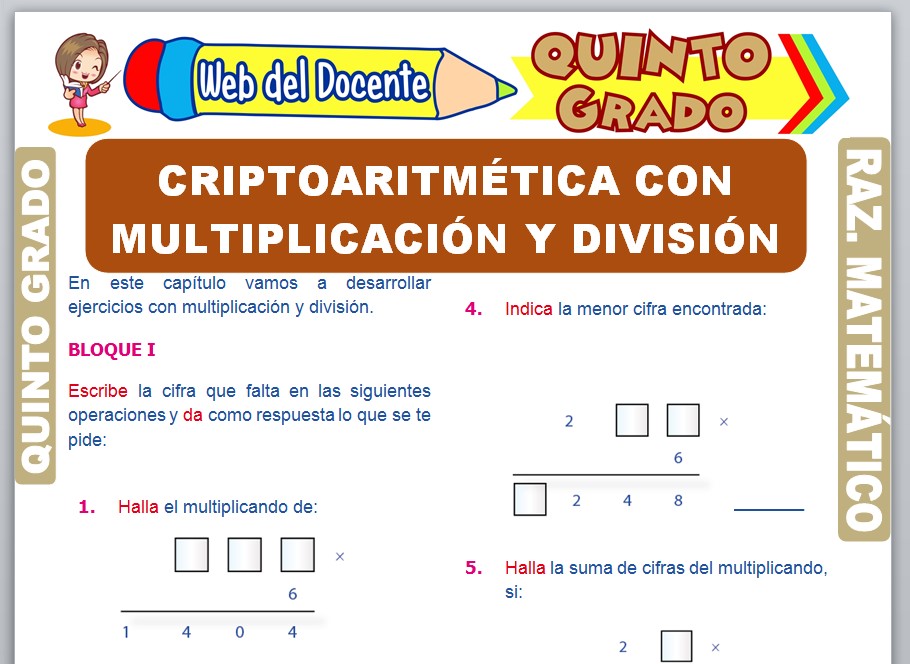 Ficha de Criptoaritmética con Multiplicación y División para Quinto Grado de Primaria