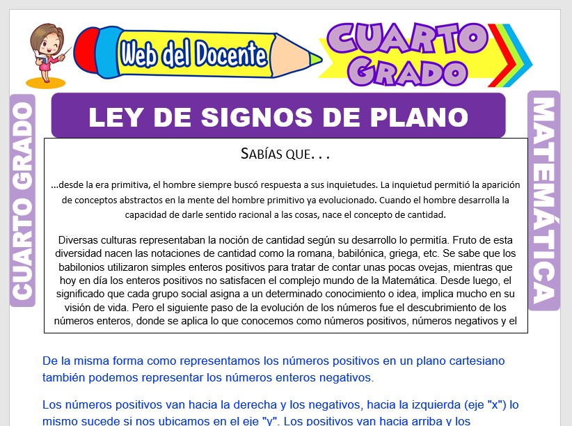 Ficha de Ley de Signos en el Plano Cartesiano para Cuarto Grado de Primaria