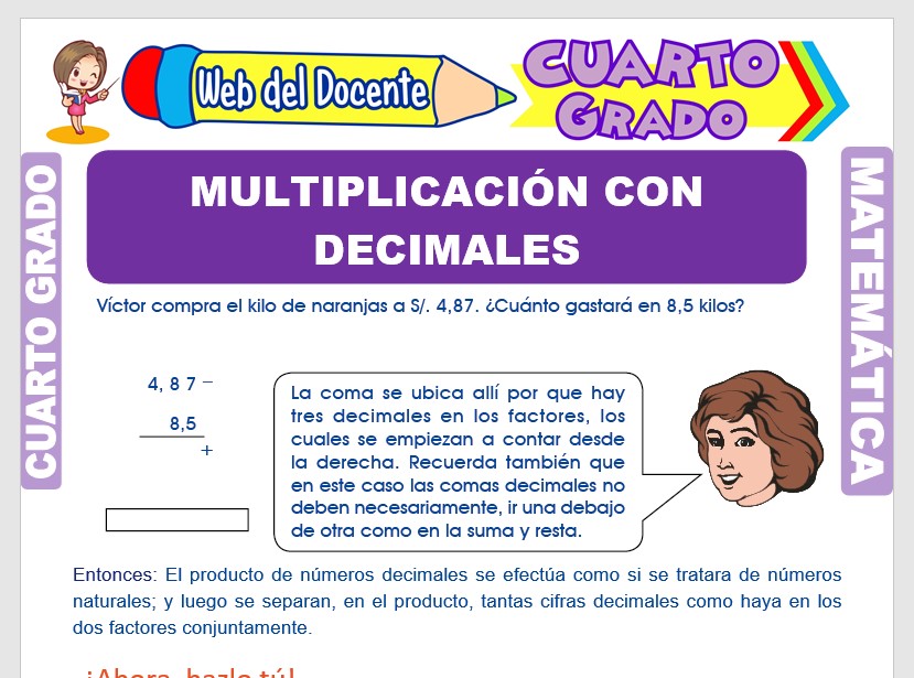 Ficha de Multiplicación con Números Decimales para Cuarto Grado de Primaria