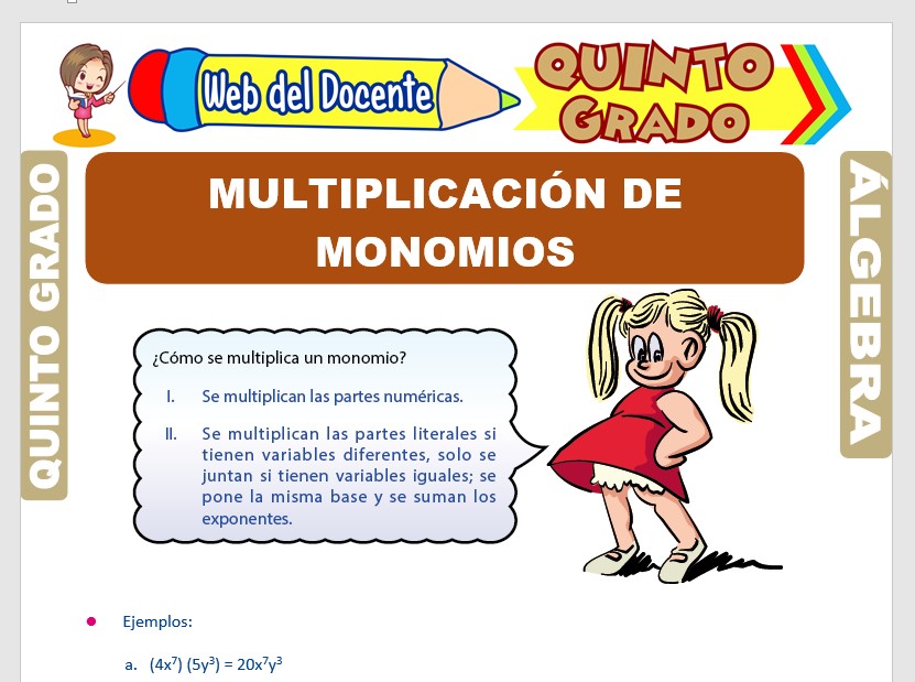 Ficha de Multiplicación de Monomios para Quinto Grado de Primaria