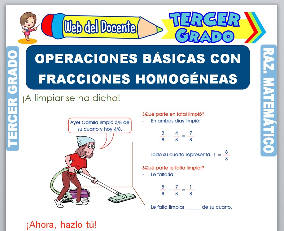 Ficha de Operaciones Básicas con Fracciones Homogéneas para Tercer Grado de Primaria