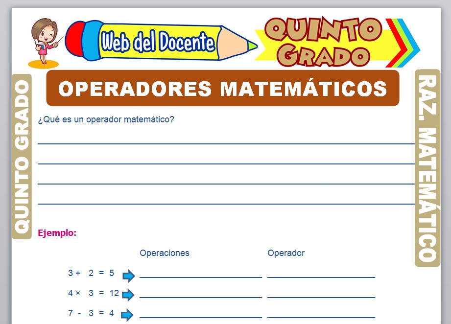 Ficha de Operadores Matemáticos para Quinto Grado de Primaria