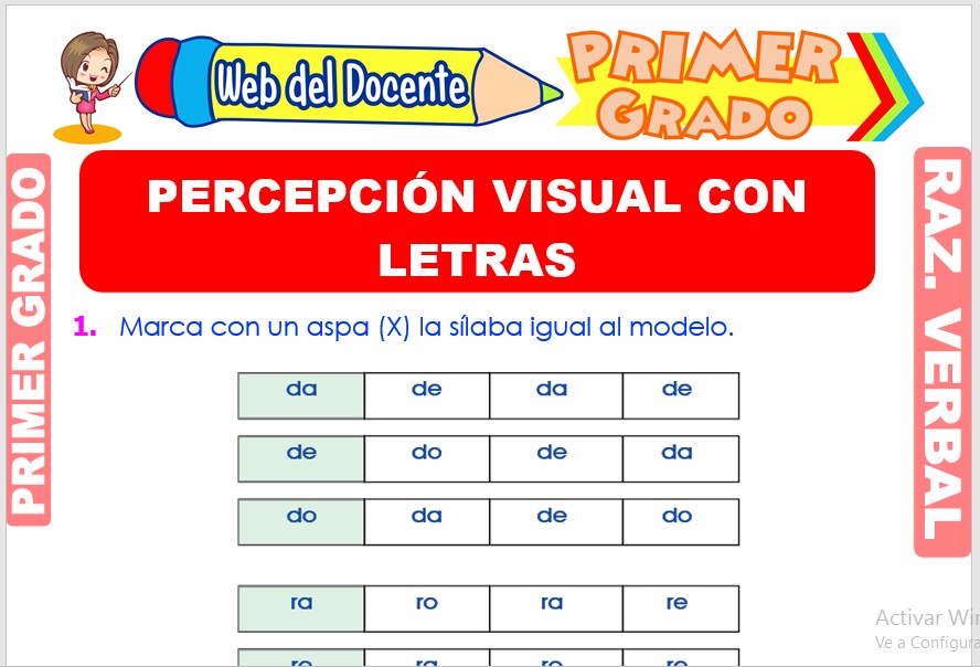 Ficha de Percepción Visual con Letras para Primer Grado de Primaria