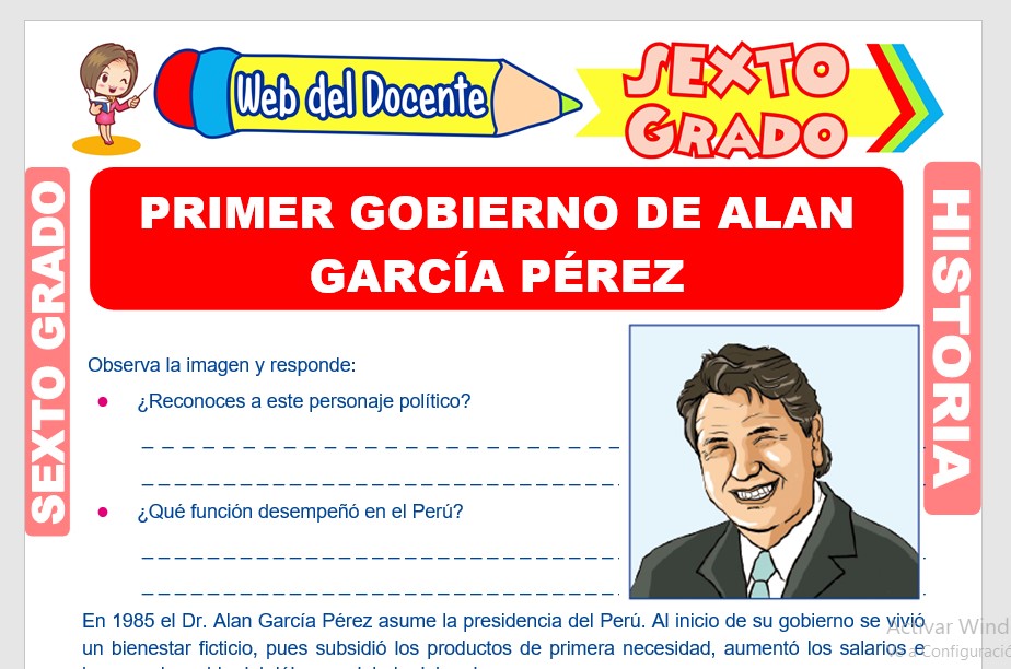 Ficha de Primer Gobierno de Alan García Pérez para Sexto Grado de Primaria