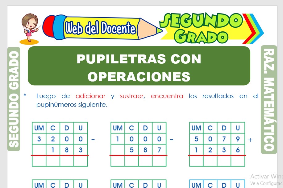 Ficha de Pupiletras con Operaciones Matemáticas para Segundo Grado de Primaria