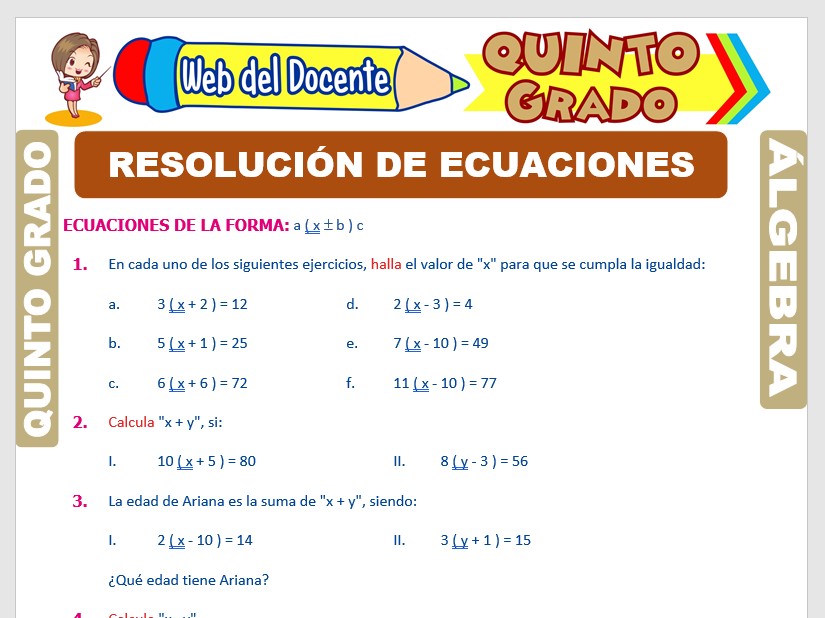Ficha de Resolución de Ecuaciones para Quinto Grado de Primaria