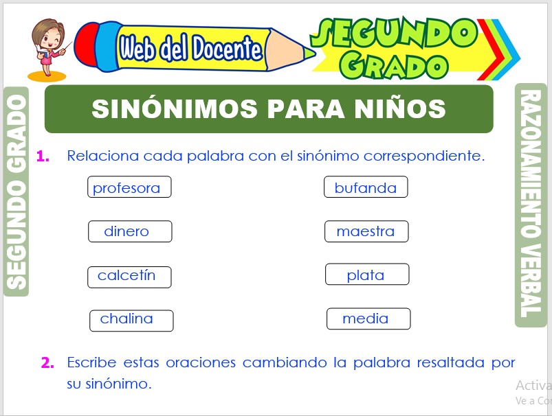Ficha de Sinónimos para Niños para Segundo Grado de Primaria